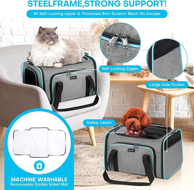 Pet Carrier, Large Soft Sided Expandable Travel Carrier with Steel Frame, Anti-Scratch Mesh, Removable Fleece Pad and Pockets for Cats, Dogs and Small Animals up to 15 lbs (Gray, 5 Sides Expandable) - Image 5