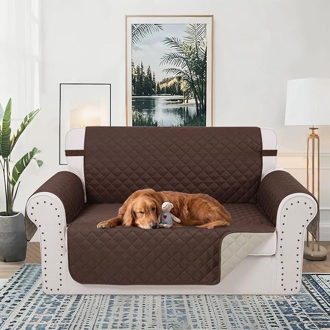 Reversible 45" Small Loveseat Sofa Covers, Chocolate/Beige | Loveseat Covers for Dogs Water Repellent, Friendly Furniture Protector with Elastic Straps for Living Room - Image 2