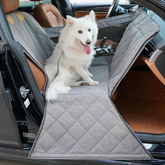 Front Seat Dog Car Seat for Small/Medium Dogs with Door Protection – Full Coverage Waterproof Pet Booster Seat with Mesh Window, Zippered Side Flaps, Safety Buckle, Grey Linen Fabric by Dekeyoo