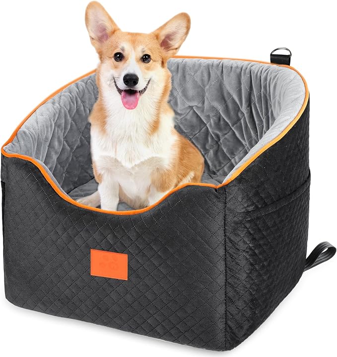 XIEEAOZEE Dog Car Seat for Small Dogs, Memory Foam Booster Dog Seat for Dogs up to 35 lbs, Elevated Pet Car Seat with Washable Removable Cover, Storage Pockets(Black/Gray) - Image 8