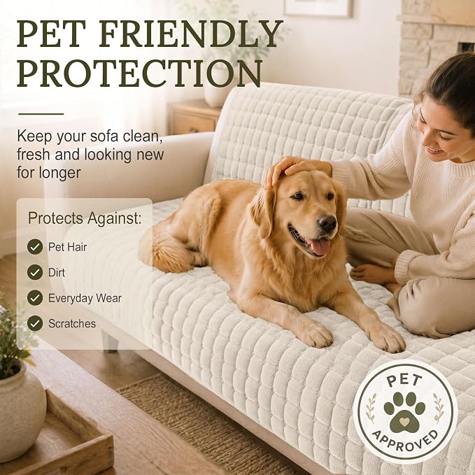 Smiry Velvet Couch Cover for Dogs, Non Slip Soft Sofa Protector for Pets | Washable Sofa Cover for Cats, Cozy Furniture Protector Against Pet Hair, Scratches, Fits Sectional Sofa(White, 36"x94.5") - Image 6