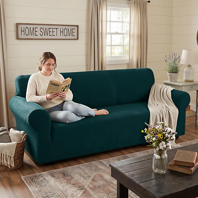 XINEAGE Stretch Jacquard Loveseat Cover, Non Slip Sofa Slipcover for Dog | High-Stretch Fabric. Wear-Resistant, Pet Friendly. Easy Install & Washable for Living Rooms, Offices.Blackish Green - Image 3