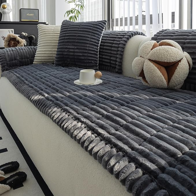 Sofa Couch Cover, Sofa Covers for Dogs Washable, Non-Slip Striped Sofa Slipcovers for Sectional Sofa, Sofa Cover Furniture Protector for L Shaped(Dark Grey, 27.6"x 70.9") by MDSASFD
