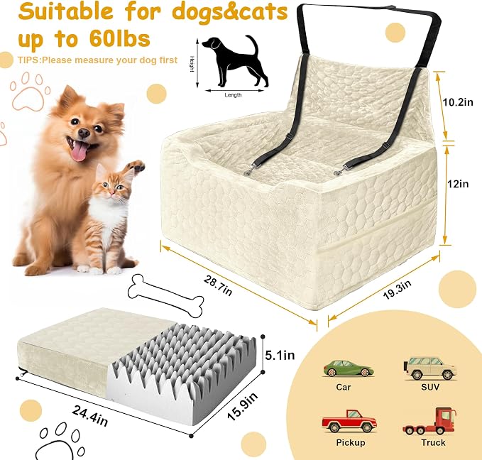Dog Car Seat for Medium/Large Dog Booster Seat Under 60 lbs or 2 Small Dogs, Multi-Functional Pet Car Seat with Thick Cushion, 2 Safety Leashes (White) - Image 2