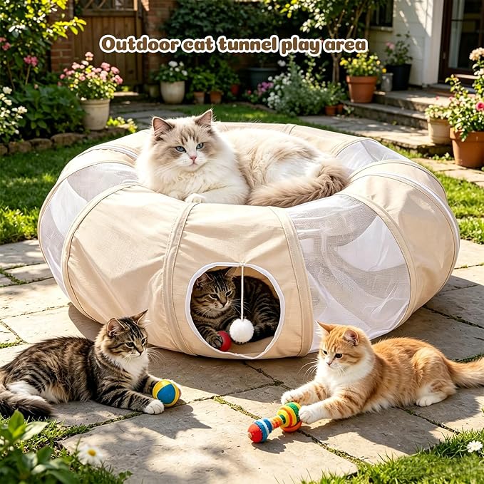 Ownpets Collapsible Cat Tunnel Toy - 2-in-1 Interactive Play Tunnel for Cat up to 18 lbs, Tear-Resistant Mesh, Fold to 2 Inches Thick, Portable Cat Exercise & Entertainment Tunnel, 12" Diameter, Khaki - Image 9