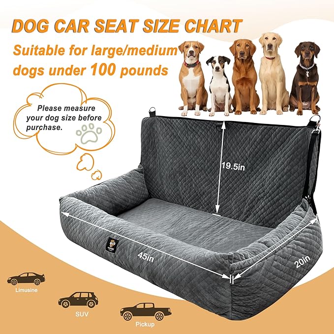 Dog Car Seat for Medium/Large Dogs Under 100 Lbs,Multi-Functional Dog Car Bed Washable Pet Travel Safety with Thick Cushion, Soft Safe Removable,for All Cars Back Seat（Grey） - Image 2