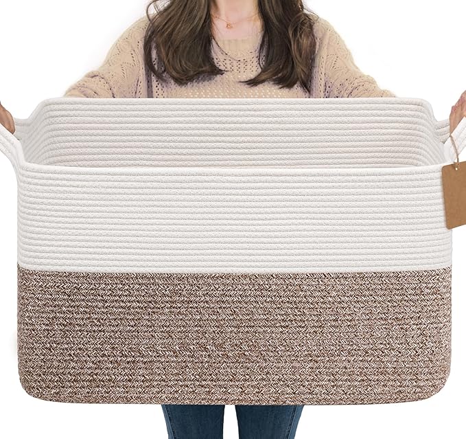 Goodpick 75L Extra Large Woven Rope Blanket Basket, Rectangle, Brown | 22" × 17" × 12" Decorative Storage Basket for Pillows & Clothes, Fits Living Room & Nursery Organization, Handles by Goodpick
