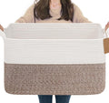 Goodpick 75L Extra Large Woven Rope Blanket Basket, Rectangle, Brown | 22" × 17" × 12" Decorative Storage Basket for Pillows & Clothes, Fits Living Room & Nursery Organization, Handles by Goodpick