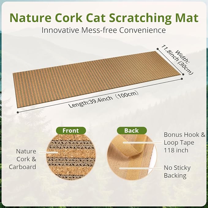 Natural Cork Cat Scratcher Mat with No Pre-Applied Adhesive, Bonus 118inch Hook-Loop Tape. Cat Scratching Toy DIY, Replacement for Cat Tree, Post, Ramp and Wall Shelves (Oak Wood, 39.4 x 11.8 Inch) - Image 2