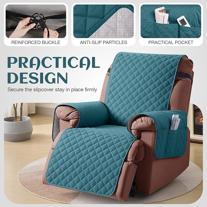 KinCam 100% Waterproof Recliner Chair Covers Washable, 23.6", Peacock Blue | Anti Slip Reclining Couch Covers for Pets Dog, Recliner Sofa Slipcover Storage Pocket, Furniture Protector with Elastic Strap - Image 5