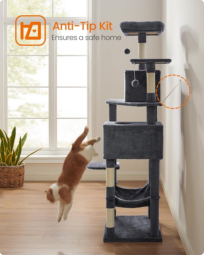 Feandrea Cat Tree, 73.2-Inch Tall Cat Tower, Plush Multi-Level Condo with 5 Scratching Posts, 2 Perches, 2 Caves, Hammock, 2 Pompoms, Smoky Gray UPCT191G01 - Image 10