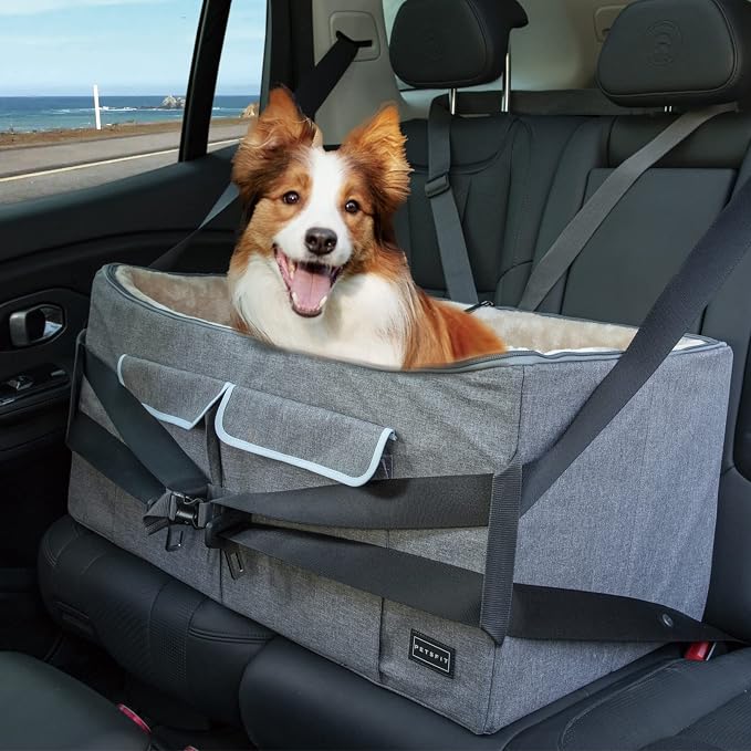 Petsfit Dog Car Seat for Large Dogs, Pet Travel Dog Booster Seat with 2 Safety Belt, Washable Double-Sided Cushion and Storage Pocket for Medium Dogs (Large, Light Grey) - Image 2