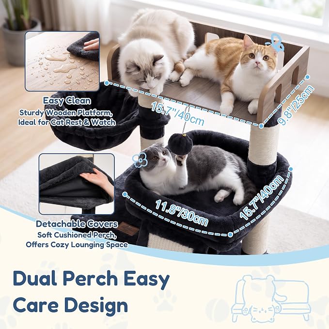 Heybly Cat Tree, Multi-Season Stable Cat Activity Tower, HCT207SG | Wooden Top Platform Cat Tower, Soft Plush Perch, Sisal Scratching Board, Cat Basket & Cozy Kitten Cat Condo, Smoky Gray - Image 3