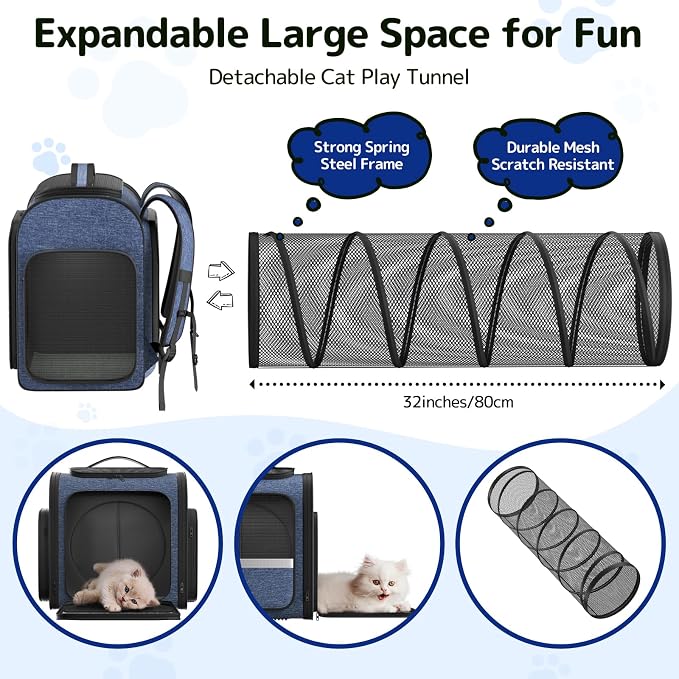 Pawtners Cat Backpack with Play Tunnel, Design for Carrying Playing Blue | Expandable, Foldable, Breathable, Large Space, Durable, Perfect for Cat Small Dog, Travel Hiking Camping Walking Car - Image 2