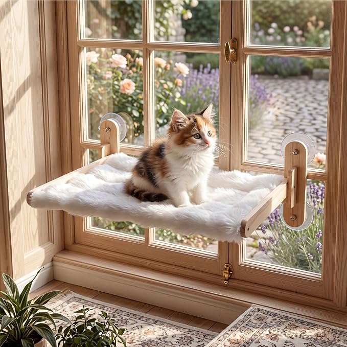 Foldable Cat Window Perch,Cat Hammock Bed with Wood Frame,Washable Soft Rabbit Fur Cover,Strong Suction Cup,Window Seat for Kitten, Indoor Cats, Birds Watching - Image 7