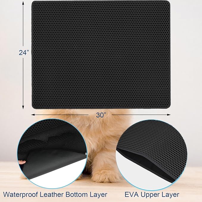 Cat Litter Mat 30"x24" Upgraded Urine-Proof Non-Slip Black | Large double-layer honeycomb catches all types of litter, soft & durable, BPA-free, easy clean, upgraded bottom, large mat. - Image 2