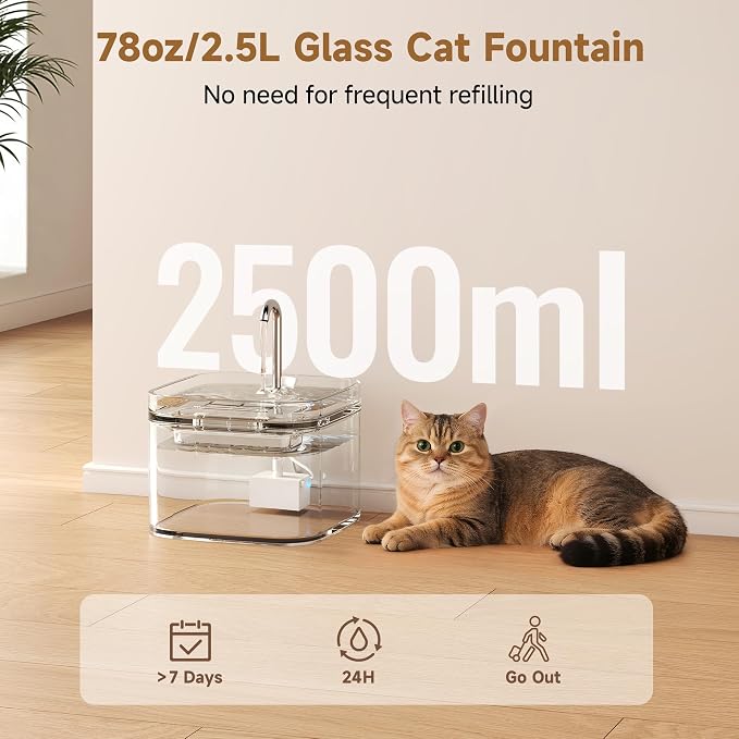 PETTEN Glass Cat Water Fountain,Easy Clean,No Plastic(78oz/2.5L) | BPA-free,Dual flow modes, <20dB silent pump. 2.5L/78oz, perfect for indoor cats & small dogs. Dishwasher safe. - Image 2