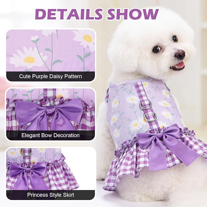 EXPAWLORER Dog Harness Small Medium Sized Dogs, No Choke No Pull Mesh Vest | Daisy Dog Dress Bowknot Harness and Leash Set, Soft Cute Princess Puppy Outfits Clothes Costume for Girls Party Cats Purple S - Image 2