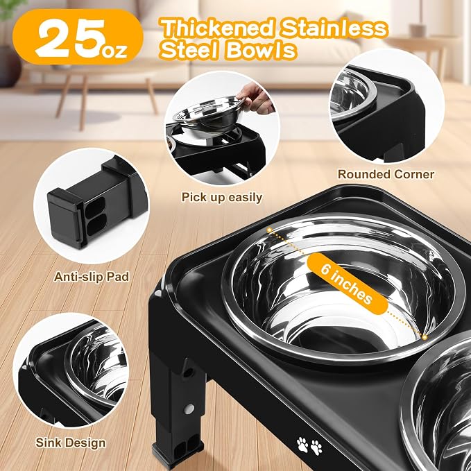 COMESOON Elevated Dog Bowls for Small Medium Dogs, 3 Height Adjustable Raised Stand with 2 Thick 6" Stainless Steel Food Bowls, Non-Slip Feeder Adjusts to 2.75", 6", 7.5", Black - Image 3