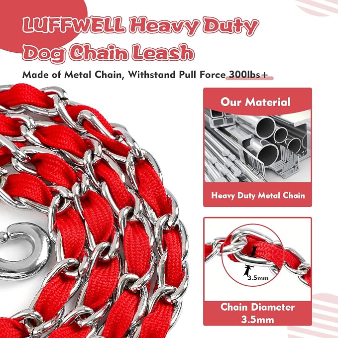 Metal Chain Dog Leash Chew Proof for Dogs, Red, 3.5mm, 4FT | Close Control for Training and Busy Areas, Chew Resistant Chain, Padded Handle, Swivel Clip - Image 2
