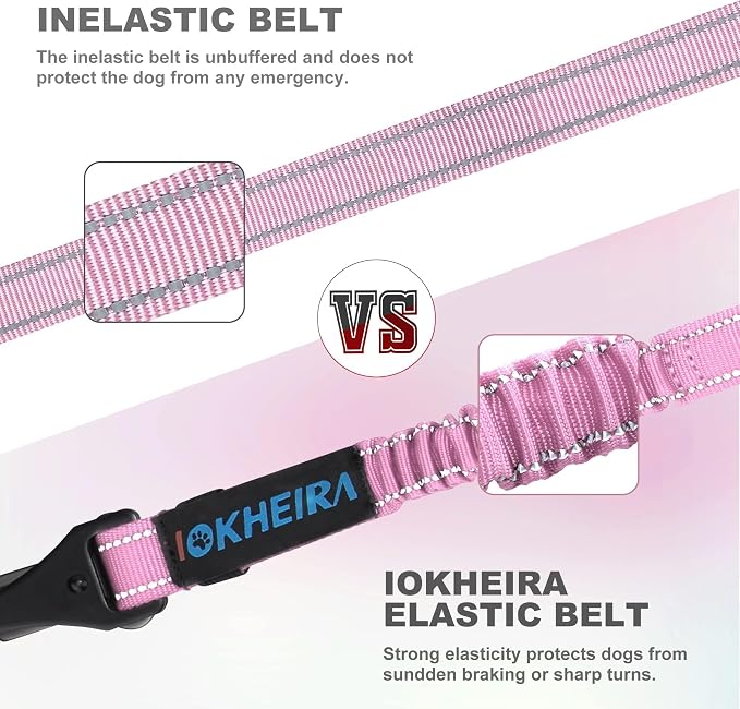 IOKHEIRA Dog Seat Belt 3-in-1 Car Harness for Pets Adjustable Safety Seatbelt Nylon Reflective Bungee Fabric Dog Car Harness with Clip Hook Latch & Buckle, Swivel Zinc Alloy Carabiner (Pink) - Image 4