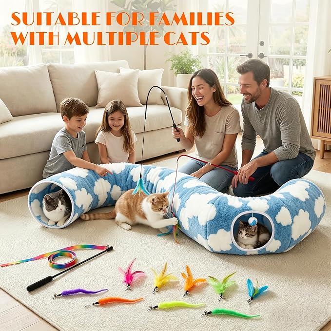 Cat Tunnel Bed with Toys – Large Collapsible Play Tube (Blue) | Soft Tube for Indoor Kittens & Adult Cats – Perfect for Hide & Seek, Pouncing, and Cozy Napping, Space-Saving & Foldable - Image 4
