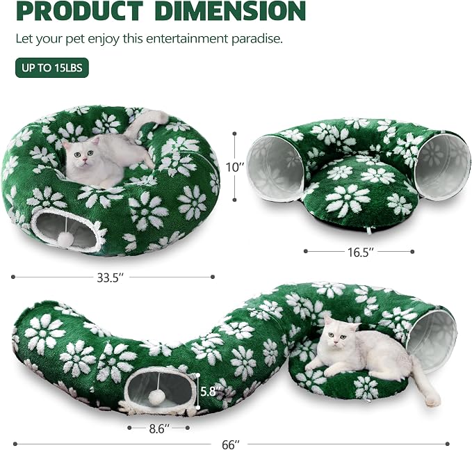 Cute Round Cat Tunnel for Indoor Cats, Green Flower | Peekaboo Cat Cave with Dangling Balls, Pet Donut Tunnel Bed with Circle Mat for Puppy Kitten Rabbit - Image 6