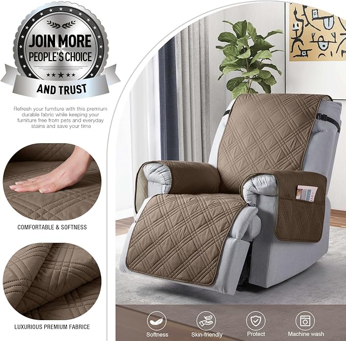 TAOCOCO 100% Waterproof Recliner Chair Covers, Non Slip Recliner Covers for Recliner Chair with Pocket, Washable Reclining Chair Cover Furniture Protector for Kids,Dogs(25'', Taupe) - Image 3