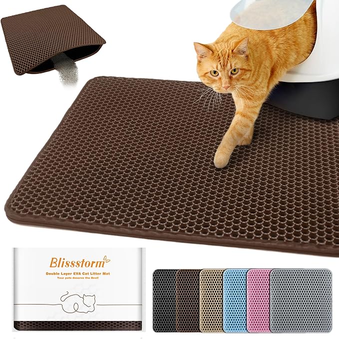 Cat Litter Mat 12"x18",Double Layer EVA litterbox Mat, Brown | Waterproof honeycomb large grid, urine-proof and odor-free. Traps litter, easy cleanup,Washable, non-slip backing by BLISSSTORM