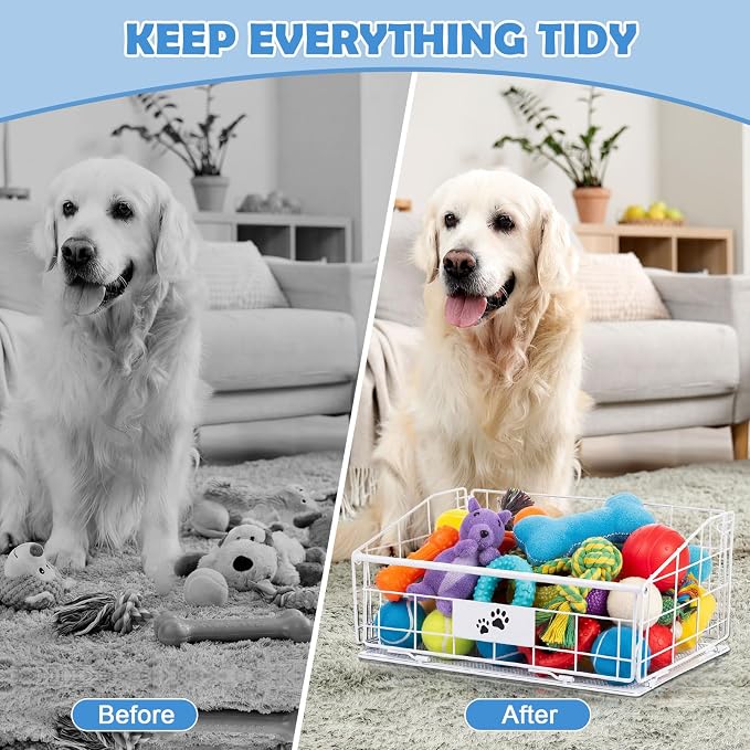 Mimorou 3 Pack Metal Dog Toy Baskets Multi-sized Foldable Dog Toy Bins Box Storage Container Organizer for Living Room Area Decorative Pet Accessories Coat Clothing Storage Holder Baskets(White) - Image 4