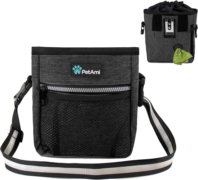PetAmi Dog Treat Pouch, Pet Treat Pouch for Training, Dog Walking Bag Holder for Kibbles, Pet Food Toy, Dog Trainer Essentials Supplies, Poop Bag Dispenser, 3 Ways to Wear (Charcoal) by PetAmi