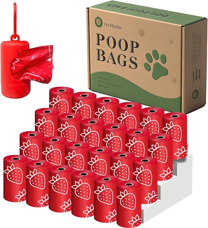Strawberry Scented Dog Poop Bags- 24 Rolls 360 counts Leak Proof | Extra Large 13x9 Inch Red Dog poop bags rolls with Dispensers, Fragrance Bags for Dogs Walking and Cat Litter by Petrhythm
