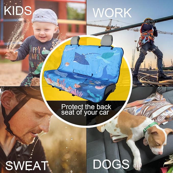 Back Seat Cover for Car Trucks Van SUV Jeep,Waterproof Rear Bench Towel Seat Covers for Dogs and Kids,Automotive Backseat Protector (Seaworld) - Image 6