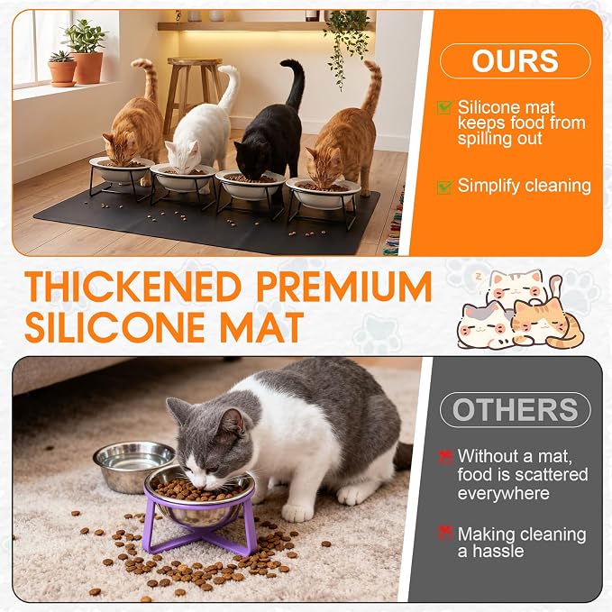 4 Set Elevated Ceramics Cat Food Water Bowls | 15°Tilted Anti Vomiting Raised Dishes,with Food Silicone Mat ,Whiskers Friendly Cat Bowls ,for Multiple Cats and Puppy - Image 5
