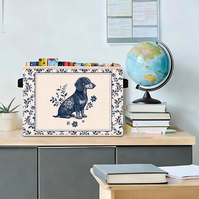 Blue Floral Dog Storage Bin, Foldable Fabric Organizer | Vintage blue floral dog storage bin for toys, books, clothes, pet supplies, nurseries, bedrooms, shelves, and closets. - Image 3