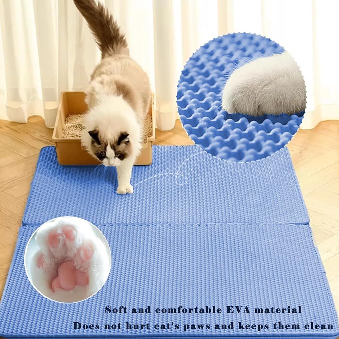 HCY&WLD Cat Litter Mat, Double Layer Cat Litter Box Mat (30x22 Inch, Blue) | Waterproof Urine-Proof Non-Slip Litter Trapping Mat, Soft on Kitty Paws, Scratch-Resistant, Scatter Control, Easy to Clean - Image 3