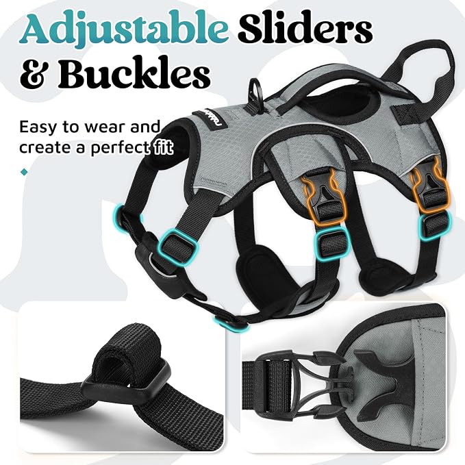 rabbitgoo Escape Proof Dog Harness for Small, No Pull with Lift Handle | No Escape, Full Soft Padded, Reflective Adjustable Vest, Leash Clip for Walking Hiking Training, Grey, Small - Image 7