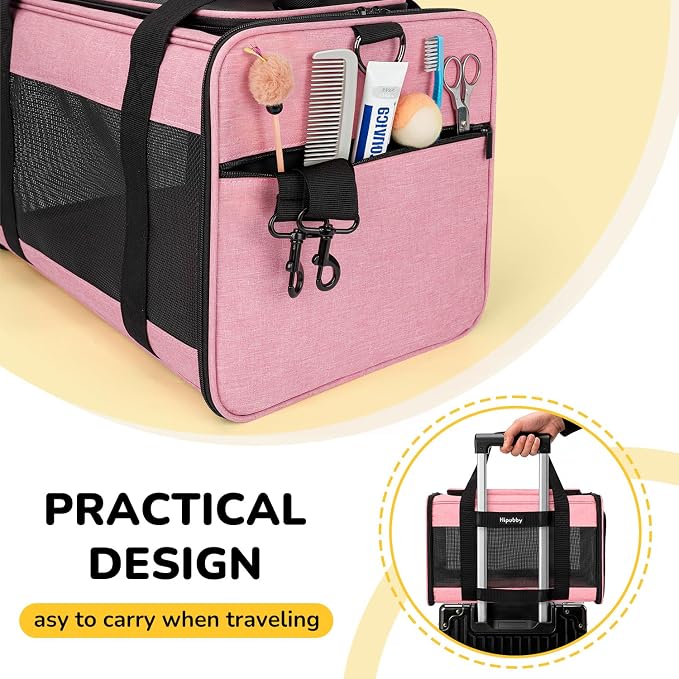 Hipubby Cat Carrier Dog Carrier for Pets Up to 16 Lbs, Soft-Sided Pet Travel Carrier for Cats and Small Dogs, Airline Approved Pet Carrying Case with Shoulder Strap & Removable Mat - Pink - Image 5