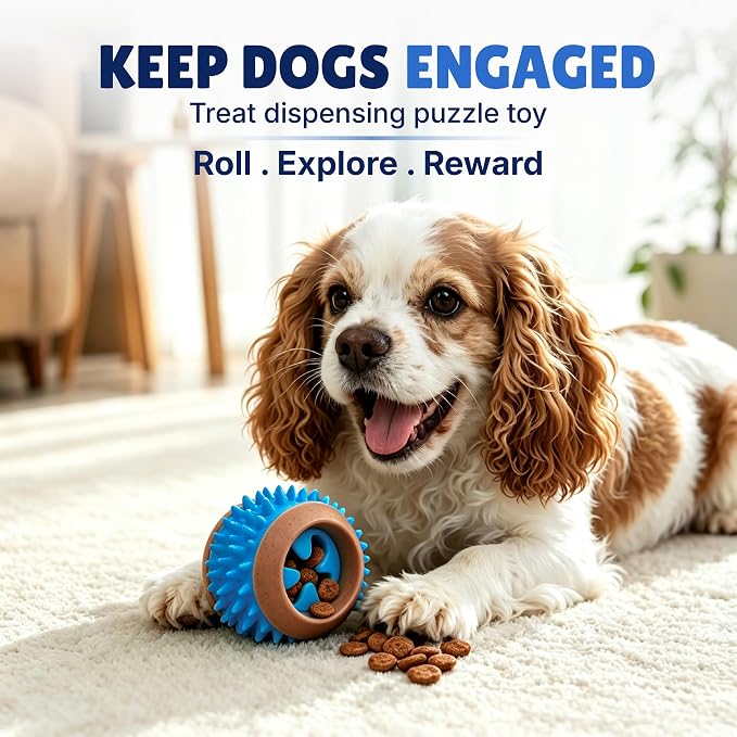 Dog Treat Ball, Treat Dispensing Puzzle Toys for Small & Medium Dogs, Blue | 3-Inch Size • Interactive Toy • Bacon Scent • Soft TPR Rubber • Dental Cleaning - Image 2