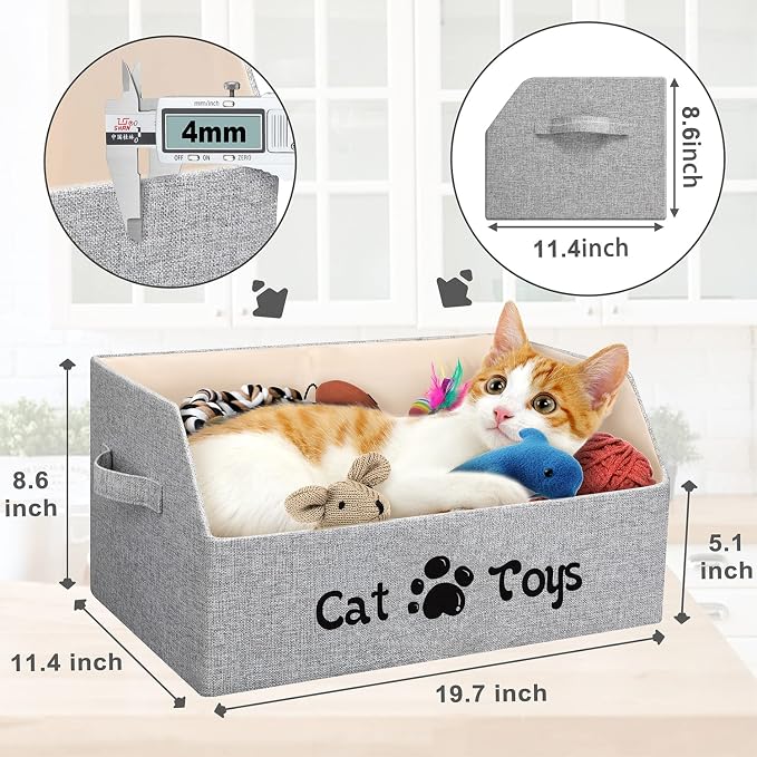 2X Thicker Large Cat Toy Bin Collapsible Cat Toy Box Sturdy Cat Toy Basket Kitten Toy Storage Bed for Organizing Cat Toys Treats Clothes and Accessories (Grey) - Image 2