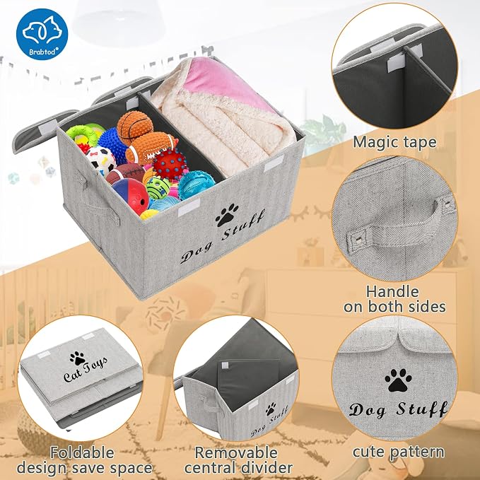 Large Dog Toys Storage Box Canvas Storage Basket Bin Organizer with Lid - Collapsible Linen Bin Ideal for Organizing Dog Cat Toys and pet Stuff-PP Boad-17" x 12" x 10" - Gray Stripe - Image 2