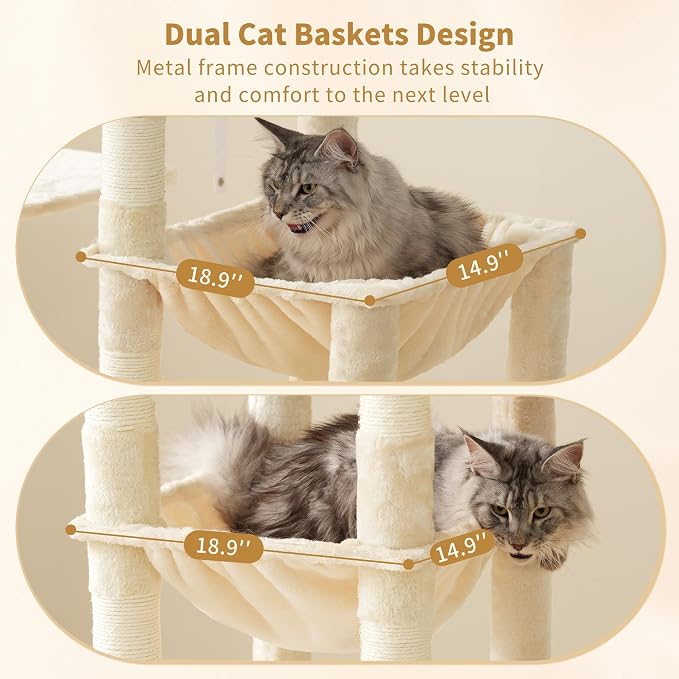 Heybly Cat Tree, 71-Inch Tall Cat Tower for Large Maine Coon Cats HCT03MG | Cat Condo Furniture with Extra-Large Baseboard, Multi-Level Platforms, 2 Hammocks and 12 Scratching Posts, Beige - Image 5