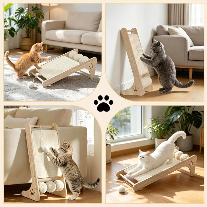 Cat Scratcher for Indoor Cats, Sisal Cat Scratching Board with 3 Sisal Scratch Balls, Solid Wood Cat Scratchers Pad Ramp, L-Shaped Cat Scratching Post - Image 8