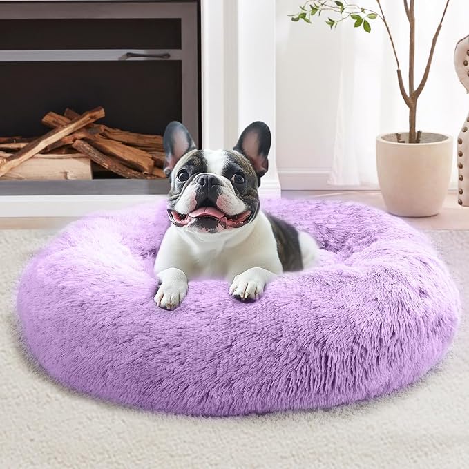 JOLLYVOGUE Calming Dog Bed for Small Dogs - 23 inches Donut Washable Small Dog Bed for Kittens & Puppies, Anti-Slip Round Fluffy Plush Faux Fur Cat Beds (Fits up to 25 lbs Pets, Purple) by JOLLYVOGUE
