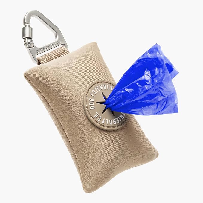 Dog Friendly Co. Poop Bag Holder for Leash, Doggie Waste Bag, Premium Brown | One Click Clip Potty Carrier Dispenser, Pet Trash Bags, Neoprene Fabric for All Weather Conditions, Stylish Walking Accessory by DogFriendly