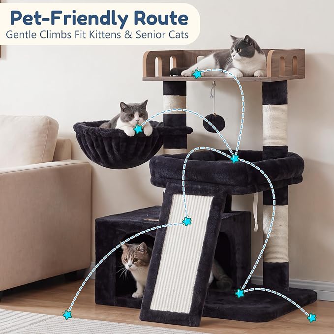 Heybly Cat Tree, Multi-Season Stable Cat Activity Tower, HCT207SG | Wooden Top Platform Cat Tower, Soft Plush Perch, Sisal Scratching Board, Cat Basket & Cozy Kitten Cat Condo, Smoky Gray - Image 8
