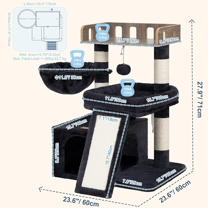 Heybly Cat Tree, Multi-Season Stable Cat Activity Tower, HCT207SG | Wooden Top Platform Cat Tower, Soft Plush Perch, Sisal Scratching Board, Cat Basket & Cozy Kitten Cat Condo, Smoky Gray - Image 5