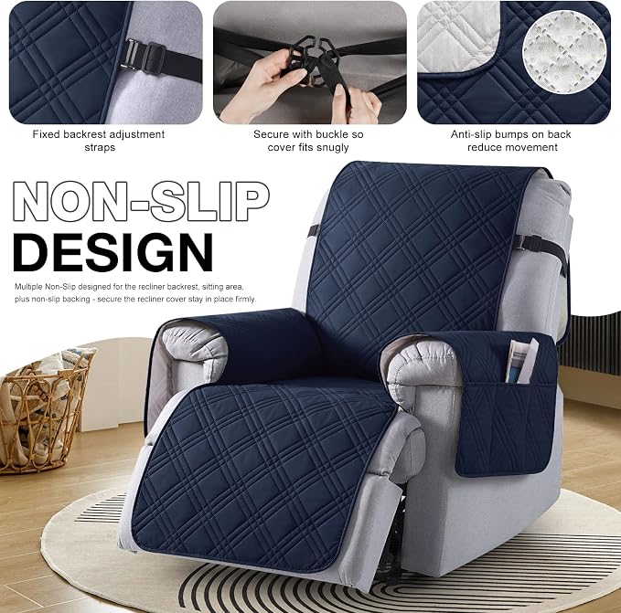 TAOCOCO Waterproof Recliner Chair Covers 30 Inch Wide, Oversized Recliner Covers for Recliner Chair with Pocket, Recliner Slipcovers with Straps Furniture Protector for Kids Pets (30'', Dark Blue) - Image 6