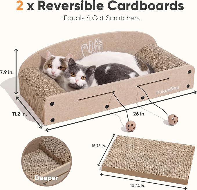 FUKUMARU Large Cat Scratcher Bed, 26 Inch Cat Scratching Bed Sofa Indoor | Cardboard Cat Scratcher with 2 Reversible Scratch Pad Refills, Durable Large Cat Scratching Lounger with Ball Toy, Beige - Image 5