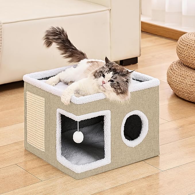 Large Cat Houses for Indoor Cats with Fluffy Ball and Scratch Pad | Foldable Cat Bed Cave for Multiple Pets, Kitten Bed for All Seasons, Non-slip, Hold Up to 30LBS, 16x16x13inch, Khaki - Image 7